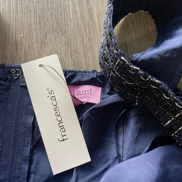 Francescas jaime navy blue tweed square neck pleated mini party dress Large NEW - Picture 5 of 5